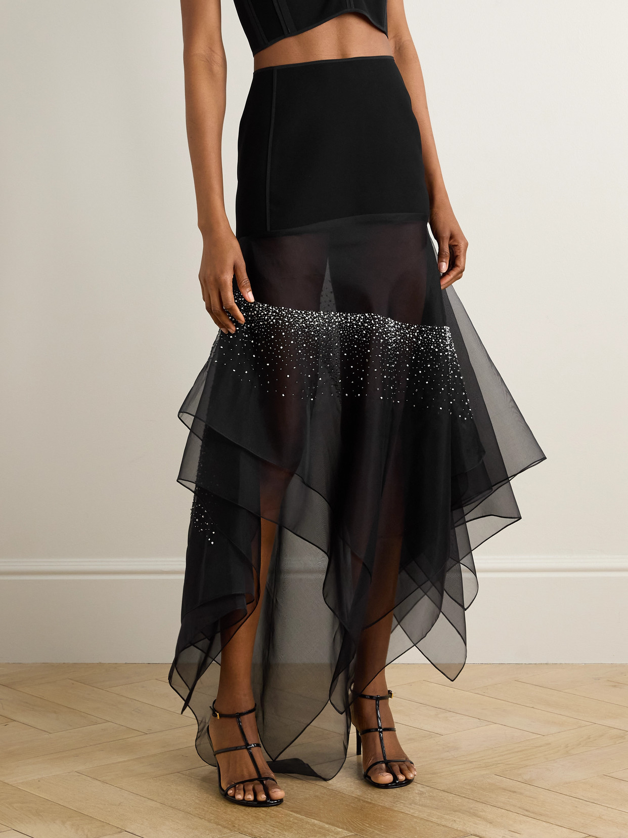 Meet The Sky Asymmetric Crepe And Bead-Embellished Silk Skirt