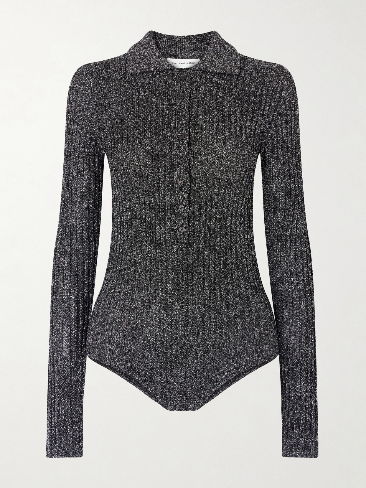 The Frankie Shop Solana Metallic Ribbed-knit Bodysuit In Gray