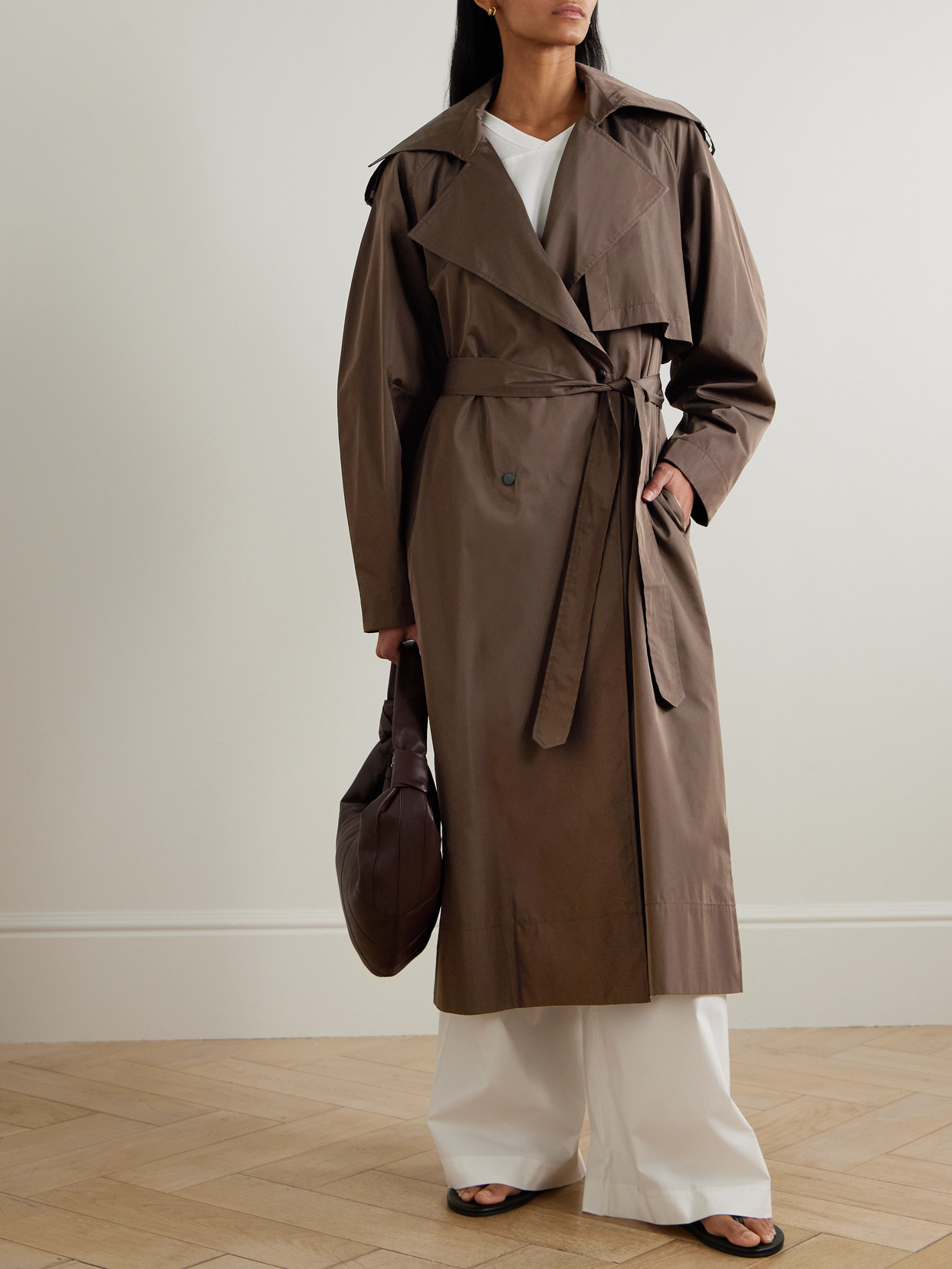 St Agni Double-breasted Recycled-taffeta Trench Coat In Brown