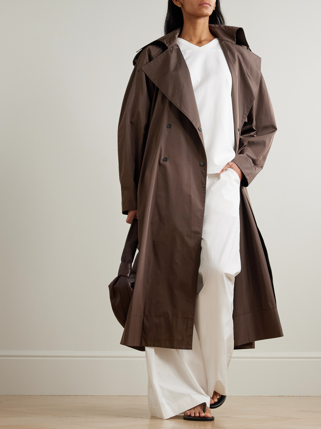 St Agni Double-breasted Recycled-taffeta Trench Coat In Brown