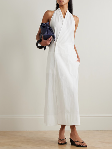 Cotton-blend poplin halterneck wrap maxi dress