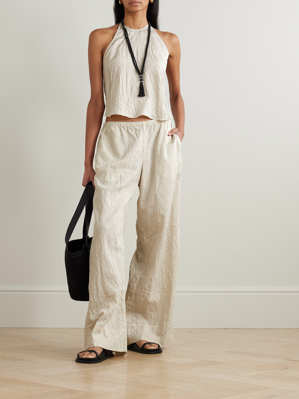 Crinkled Pinstriped Woven Halterneck Tank