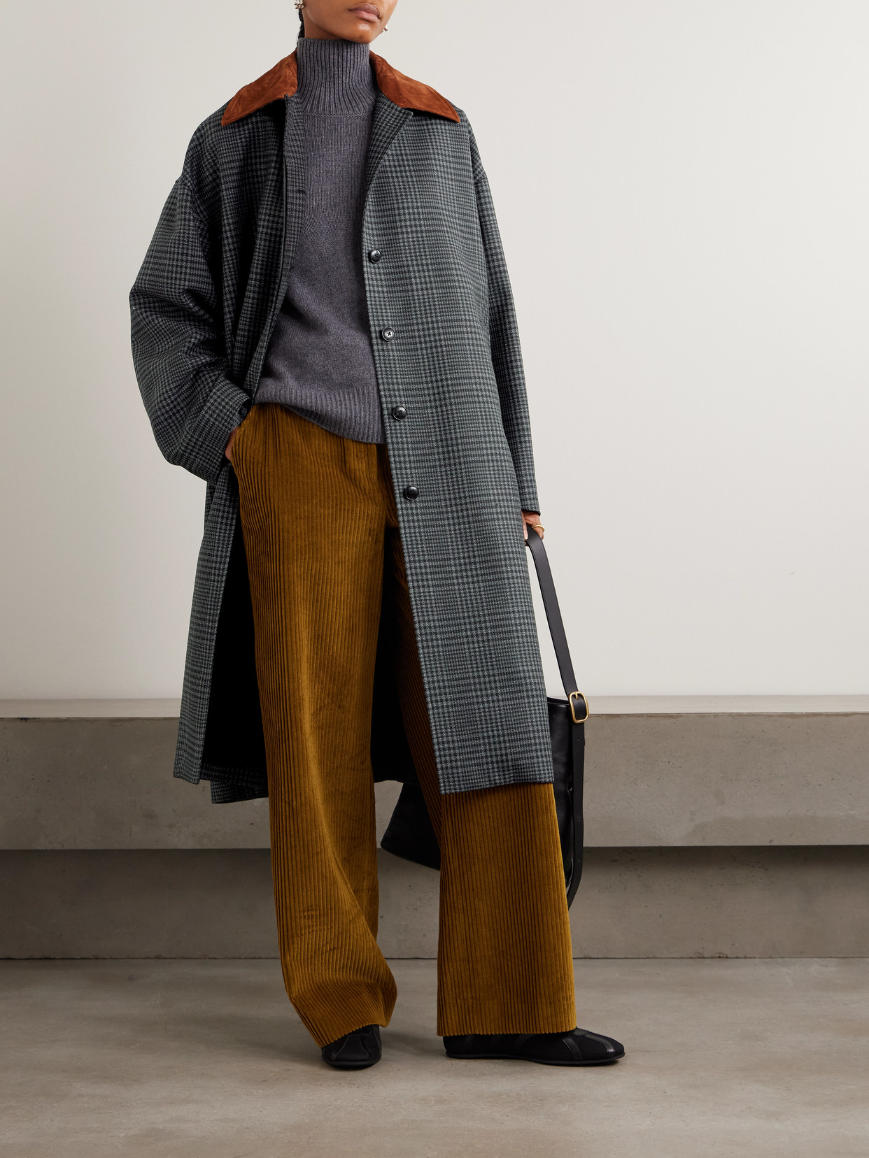 Rohe Suede-trimmed Checked Wool Coat In Gray