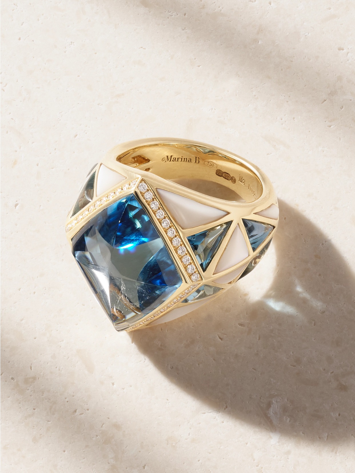 Marina B 18-karat Gold Topaz, Diamond And Mother-of-pearl Ring In Blue