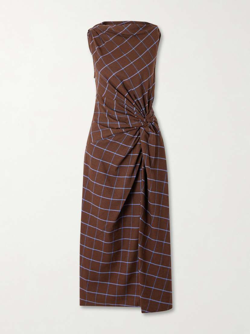 La Ligne Knotted Checked Cotton-flannel Midi Dress