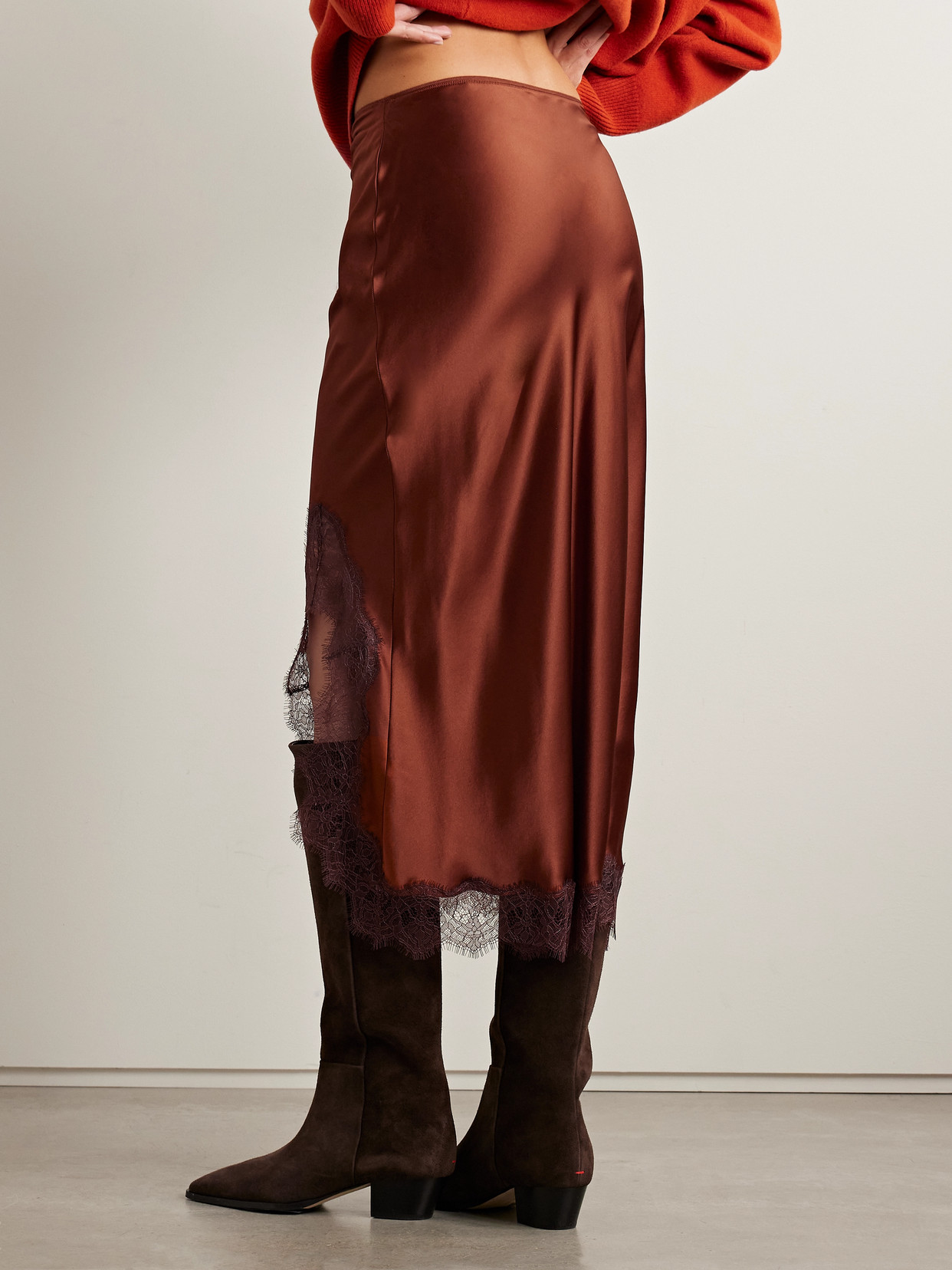 La Ligne Chantilly Lace-trimmed Silk-satin Midi Skirt In Brown