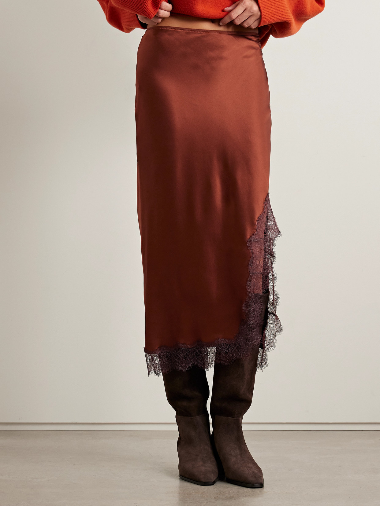 La Ligne Chantilly Lace-trimmed Silk-satin Midi Skirt In Brown