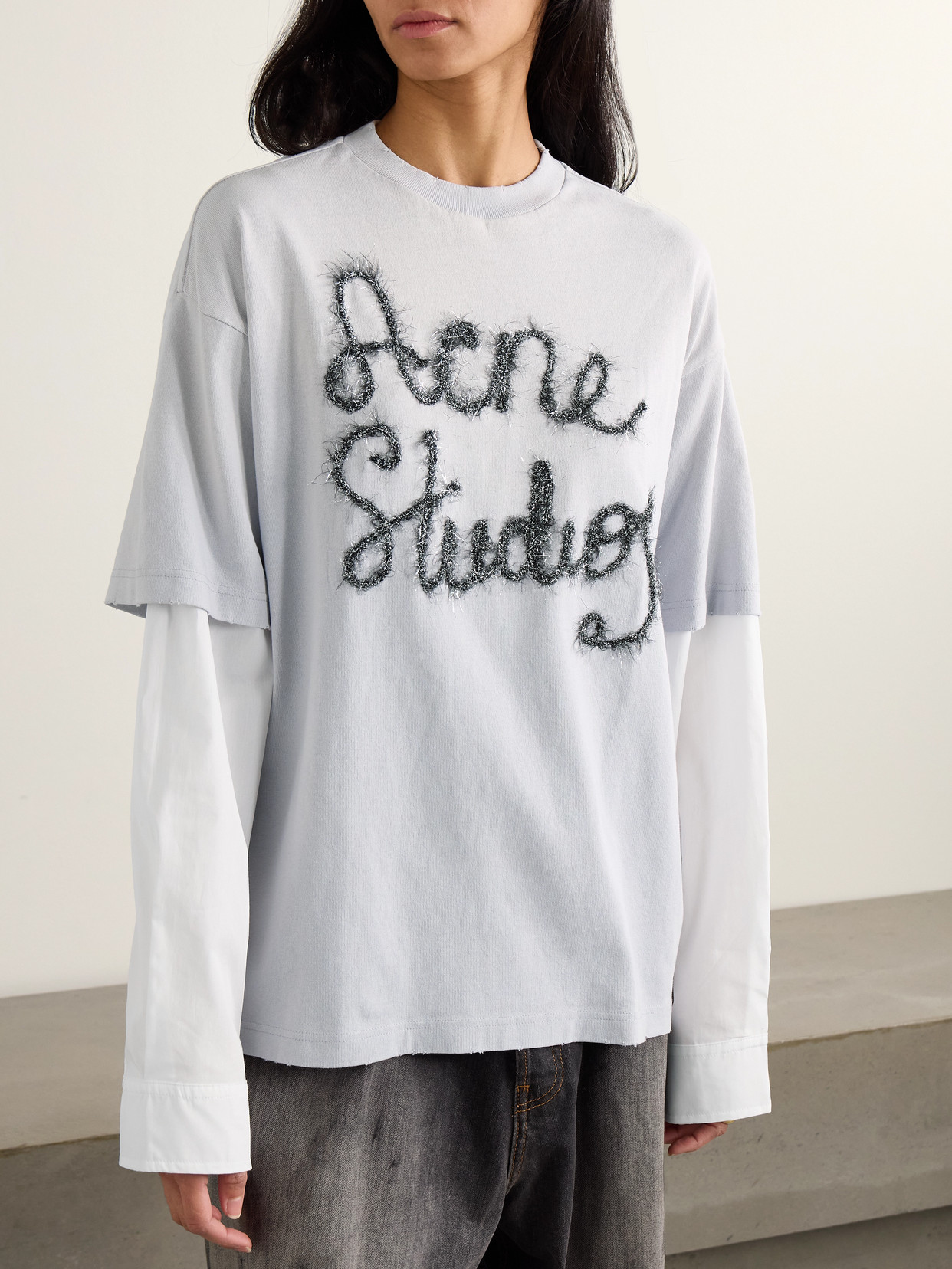 Acne Studios Layered Embroidered Cotton-jersey And Poplin T-shirt In Blue