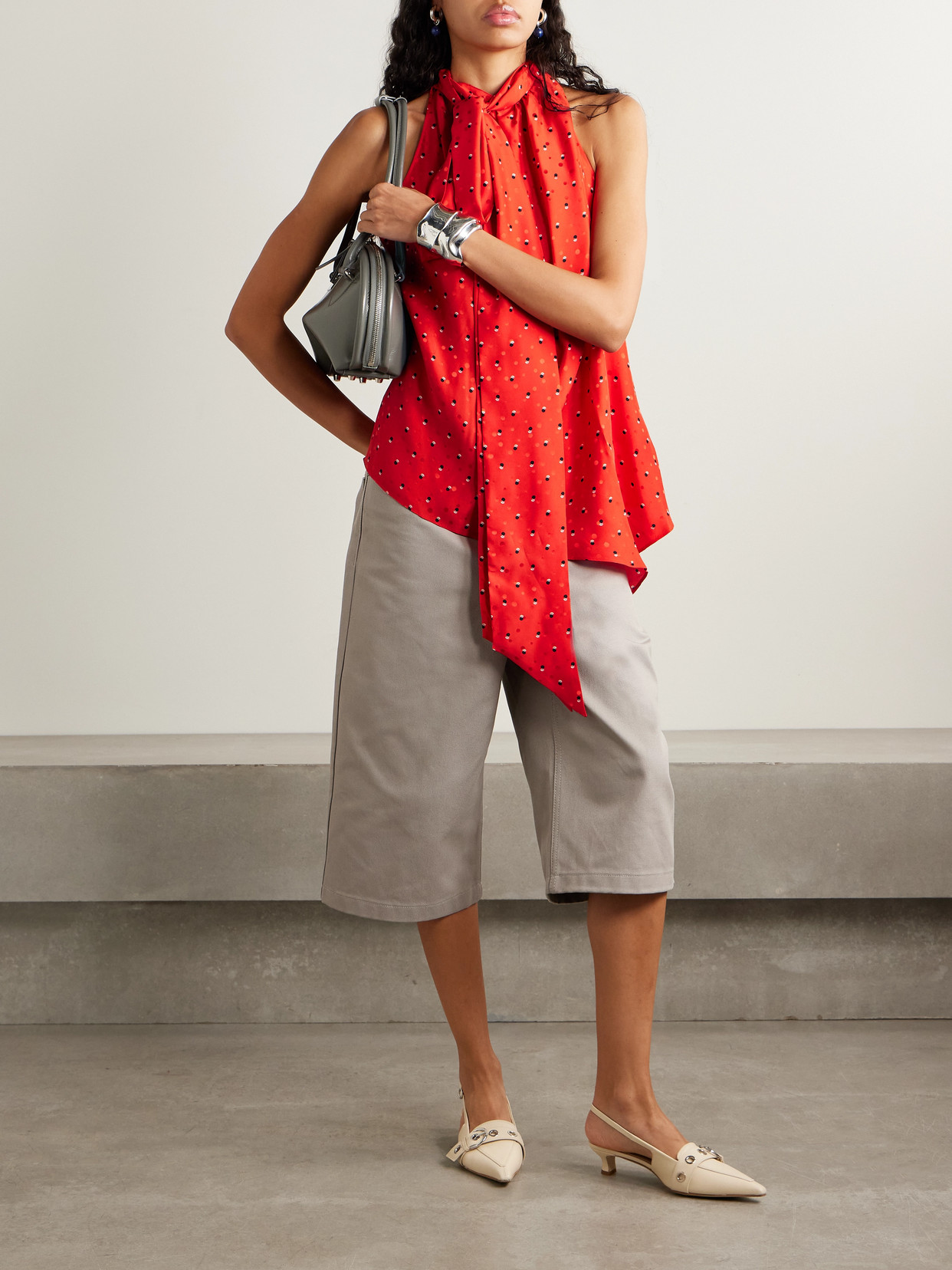 Acne Studios Scarf-detailed Printed Silk-jacquard Top In Red