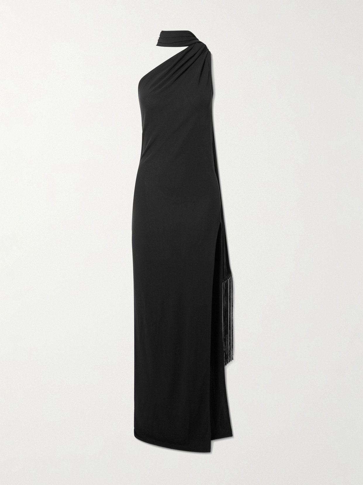 Acne Studios Dassy One-shoulder Fringed Tie-detailed Stretch-knit Gown In Multi