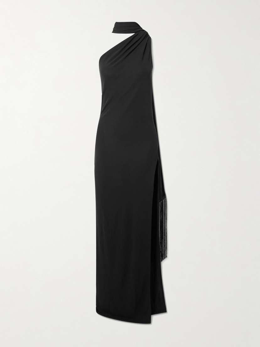 Acne Studios Dassy One-shoulder Fringed Tie-detailed Stretch-knit Gown
