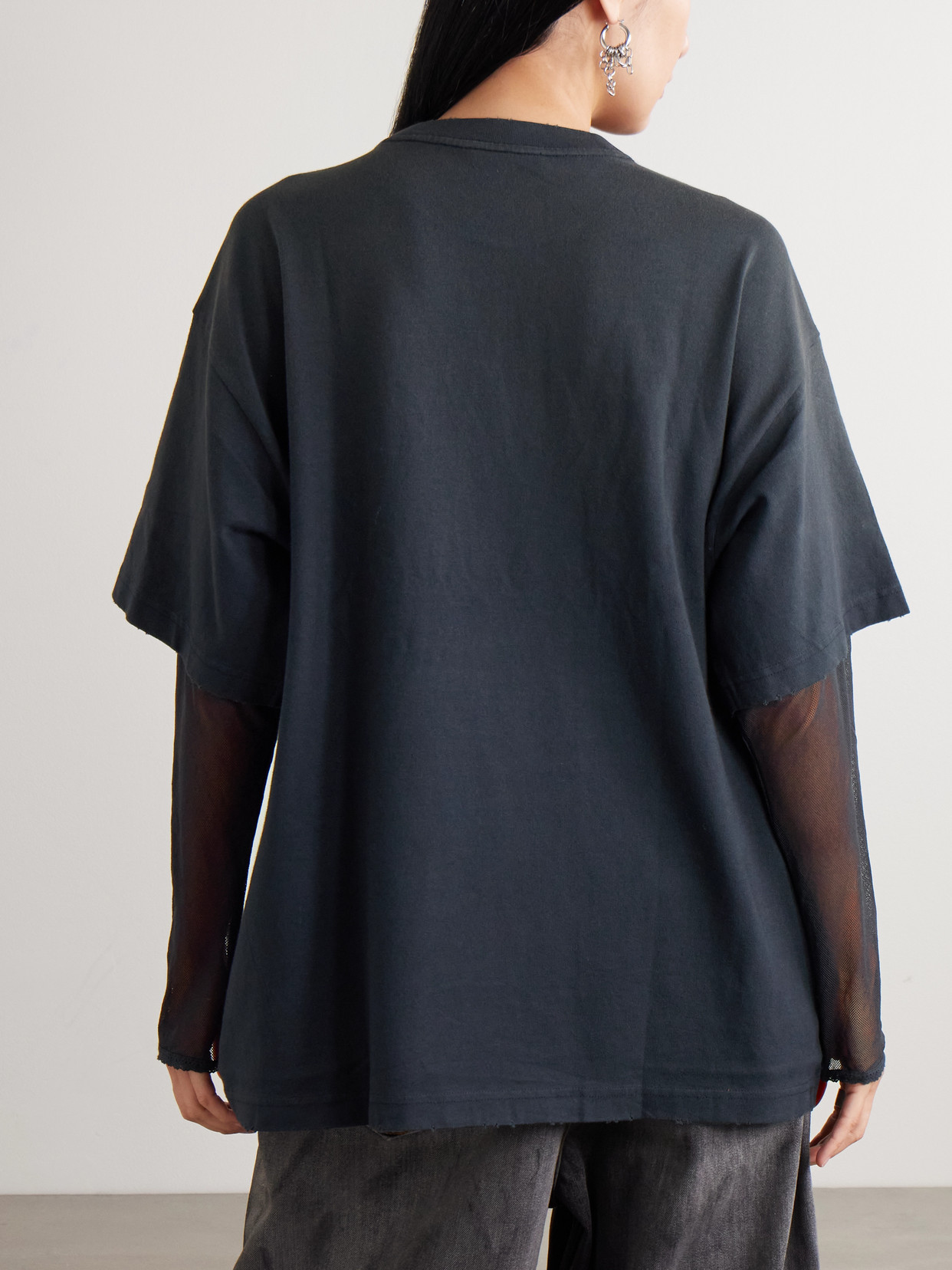 Acne Studios Tinsel-trimmed Layered Cotton-jersey And Mesh T-shirt In Gray