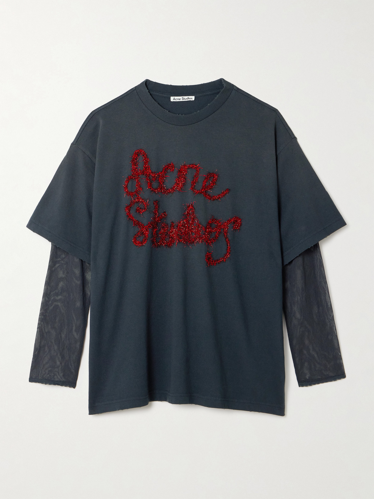 Acne Studios Tinsel-trimmed Layered Cotton-jersey And Mesh T-shirt In Gray
