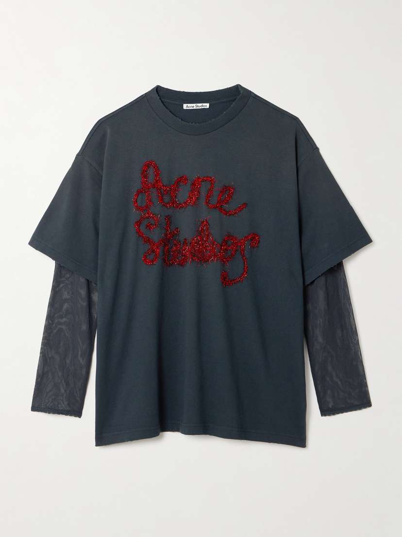 Acne Studios Tinsel-trimmed Layered Cotton-jersey And Mesh T-shirt