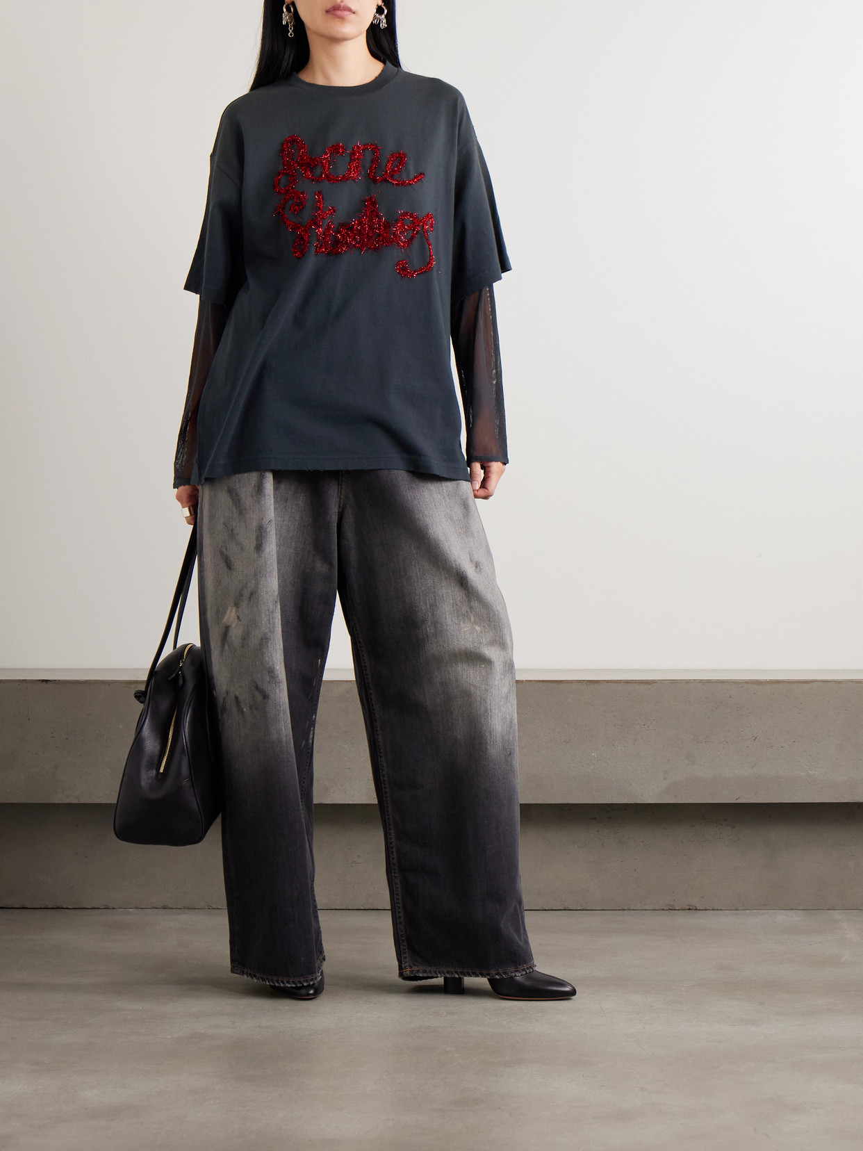 Acne Studios Tinsel-trimmed Layered Cotton-jersey And Mesh T-shirt In Gray