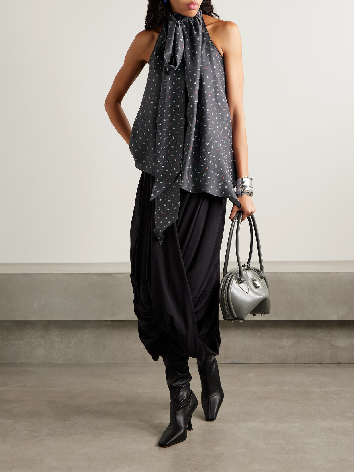 Acne Studios Scarf-detailed Printed Silk-jacquard Blouse In Black