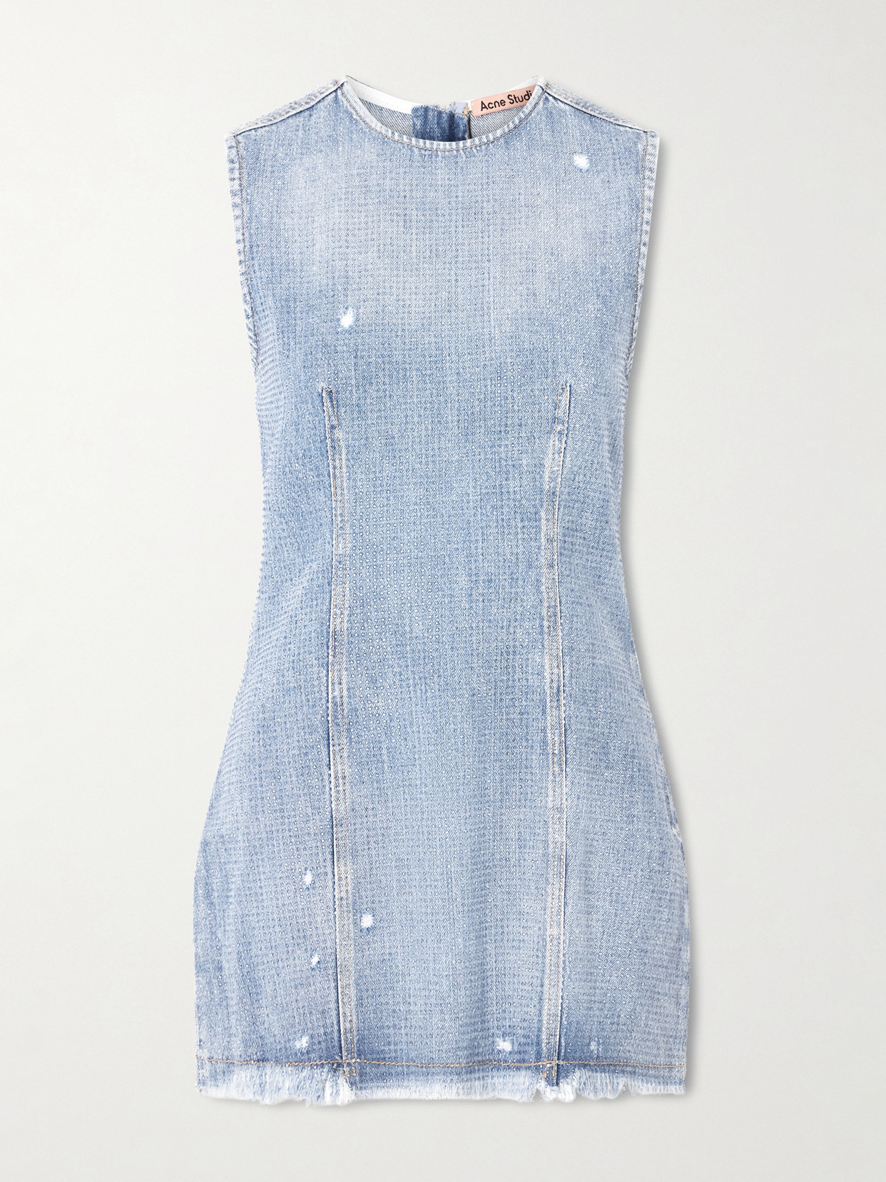 Acne Studios Denka Distressed Crystal-embellished Denim Mini Dress In Blue