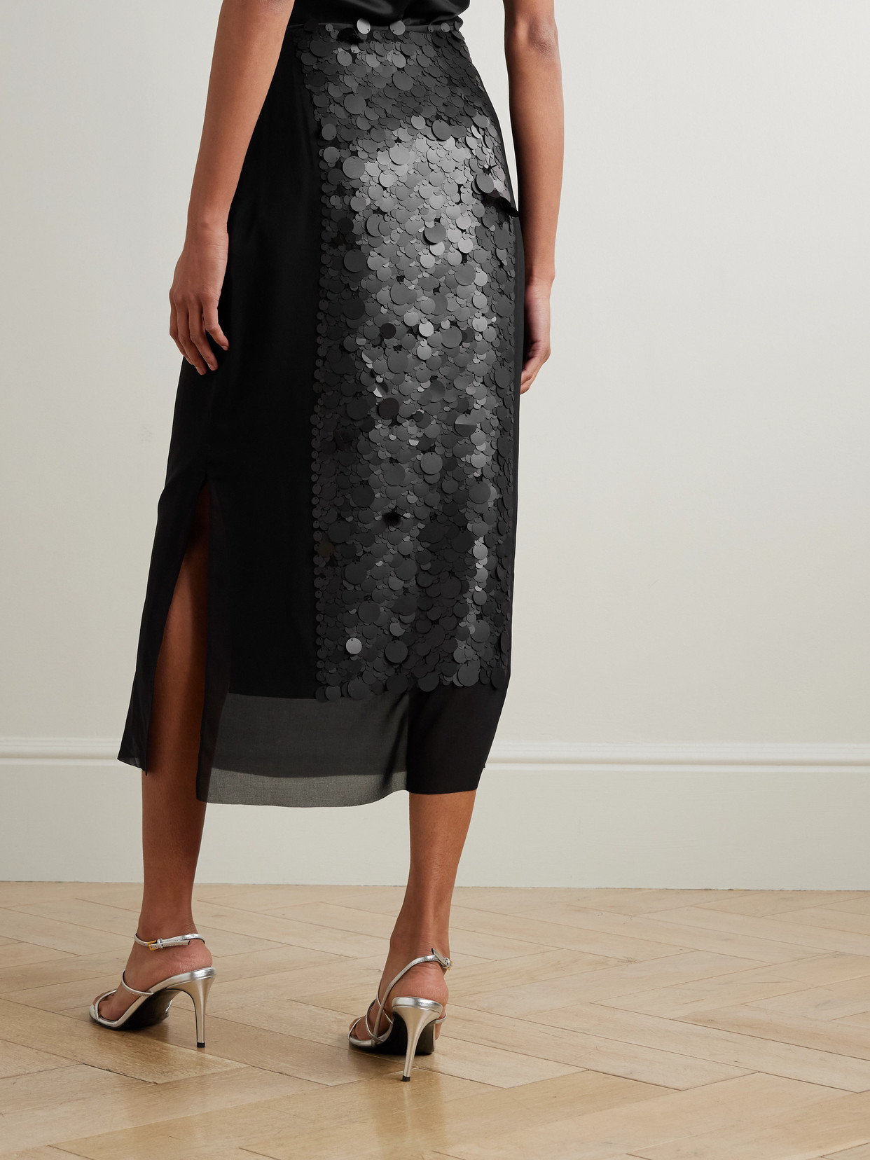 Joseph Cambo Pailette-embellished Crepe De Chine Midi Skirt In Black