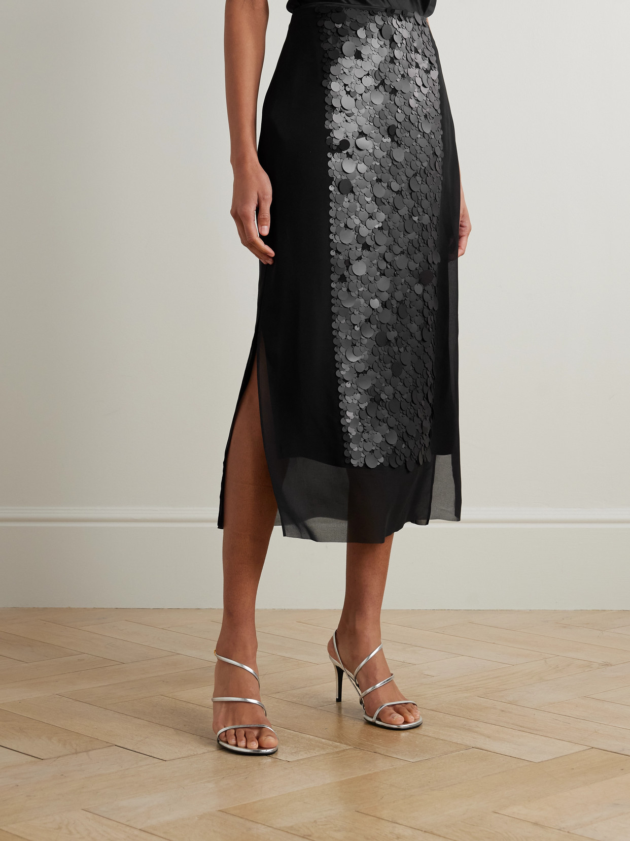 Joseph Cambo Pailette-embellished Crepe De Chine Midi Skirt In Black