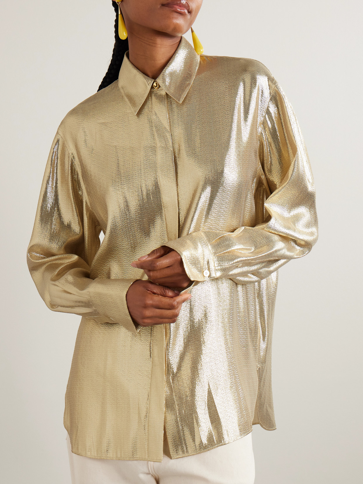 Joseph Capri Metallic Silk-blend Shirt In Gold