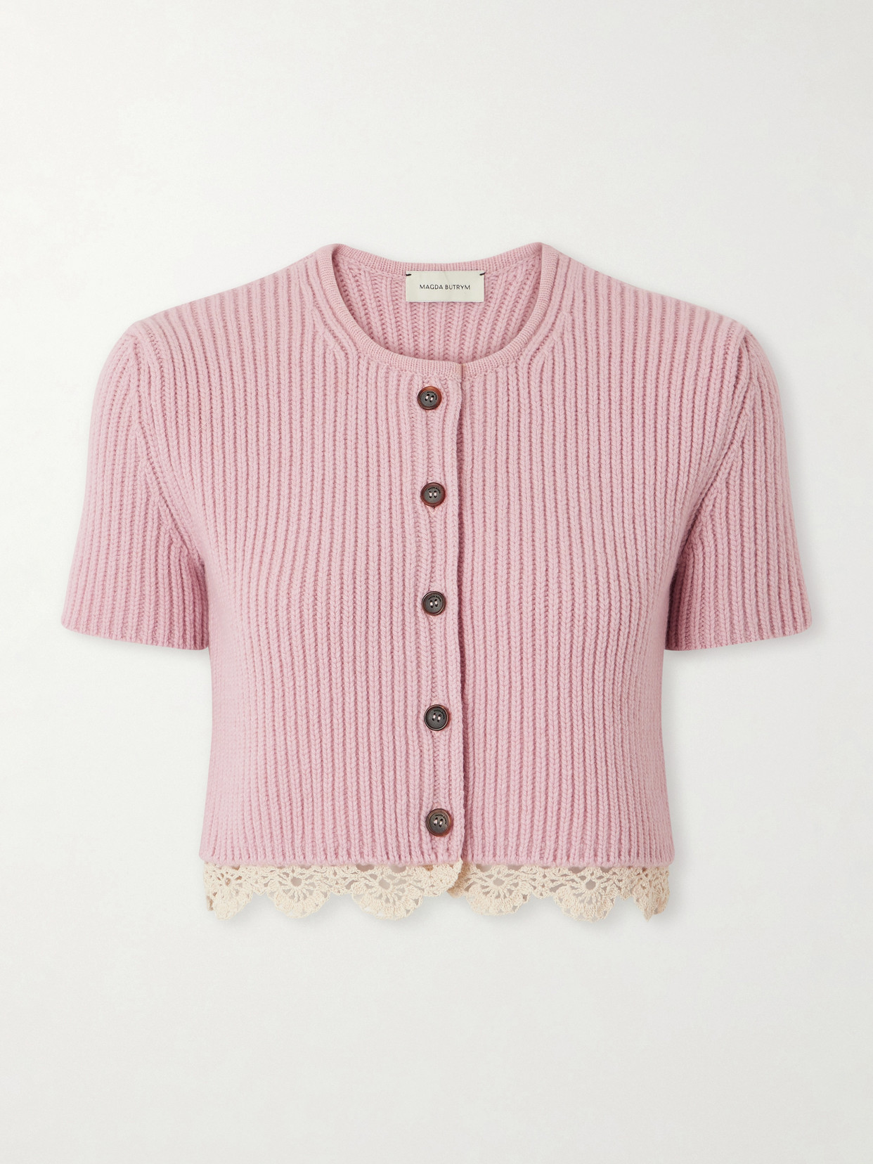 Magda Butrym Cropped Crochet-trimmed Ribbed-knit Cashmere Cardigan In Pink