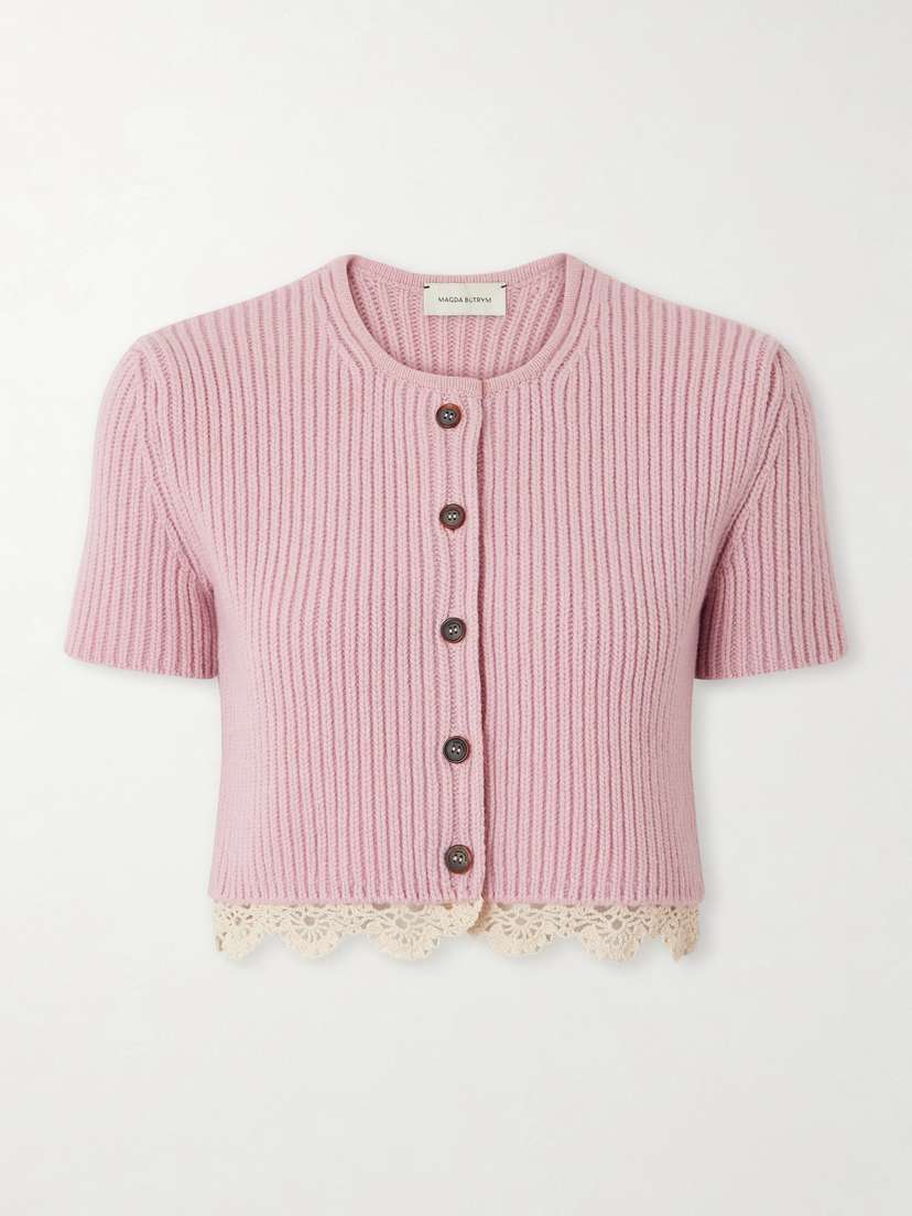 Magda Butrym Cropped Crochet-trimmed Ribbed-knit Cashmere Cardigan