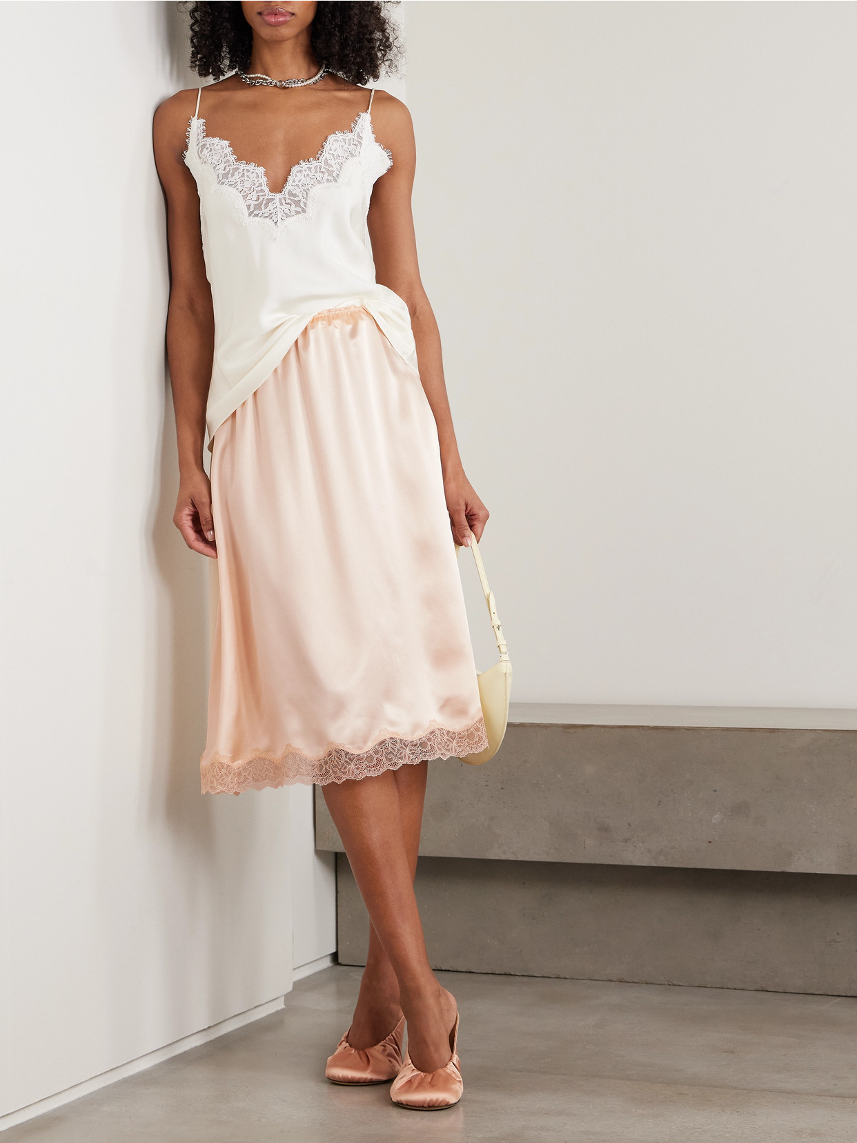 Scalloped Lace-Trimmed Silk-Satin Skirt