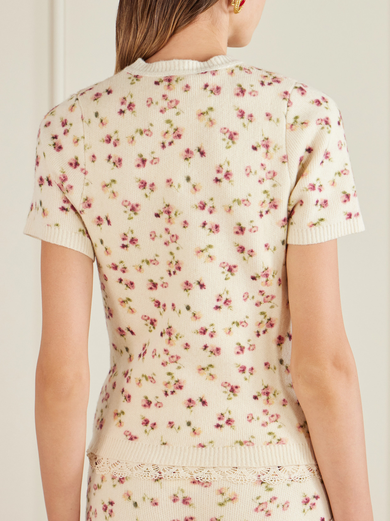 Lace-Trimmed Floral-Print Ribbed Wool, Silk And Cashmere-Blend T-Shirt