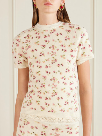 Magda Butrym Lace-trimmed floral-print ribbed wool, silk and cashmere-blend T-shirt