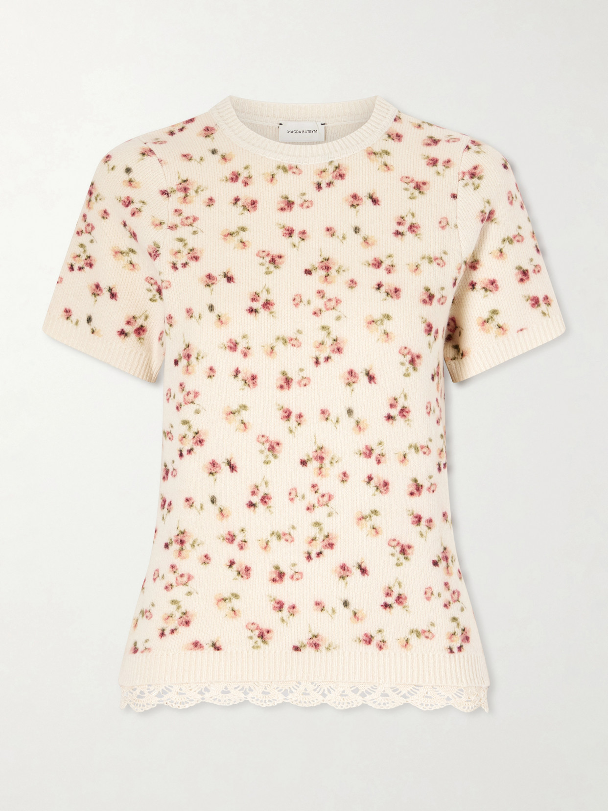 Lace-Trimmed Floral-Print Ribbed Wool, Silk And Cashmere-Blend T-Shirt