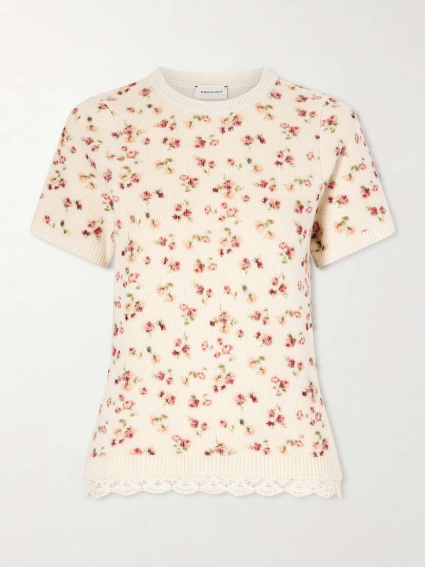 Magda Butrym Lace-trimmed Floral-print Ribbed Wool, Silk And Cashmere-blend T-shirt