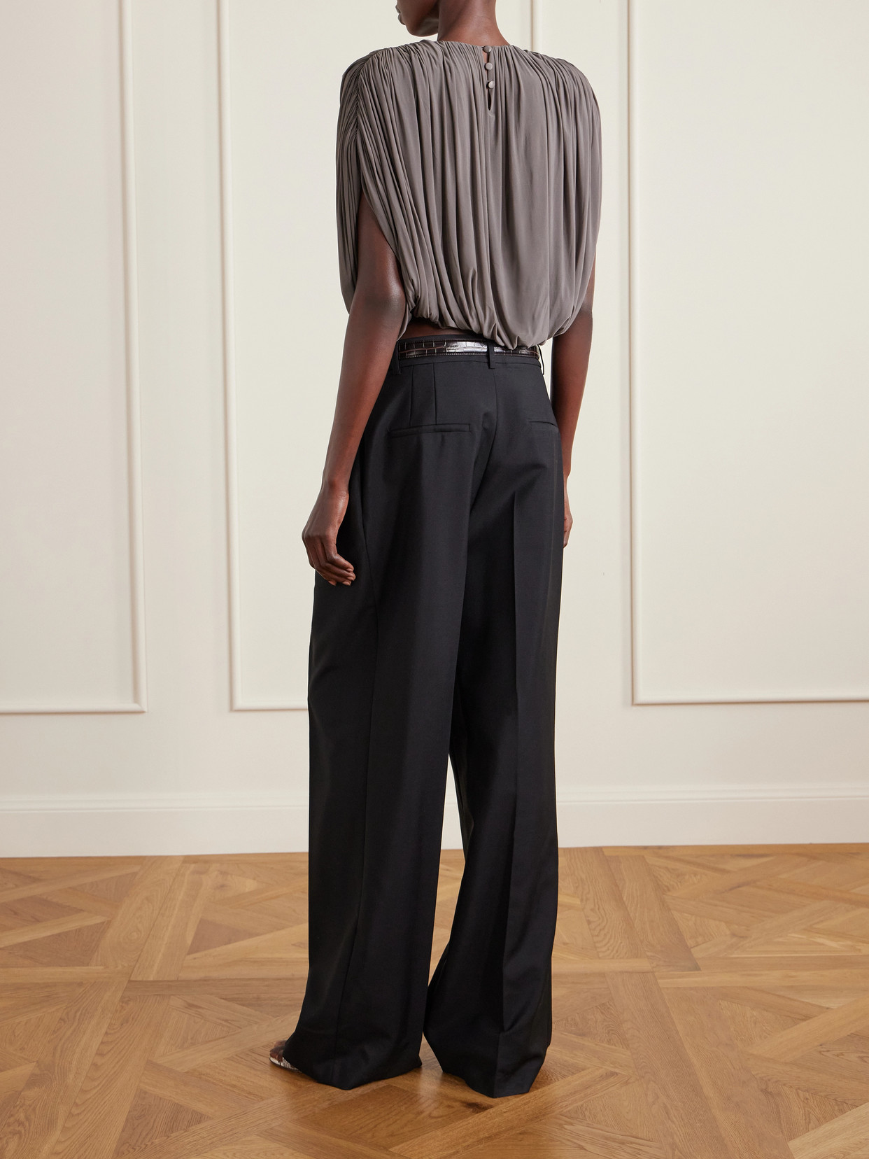 Magda Butrym Cropped Pleated Jersey Blouse In Brown