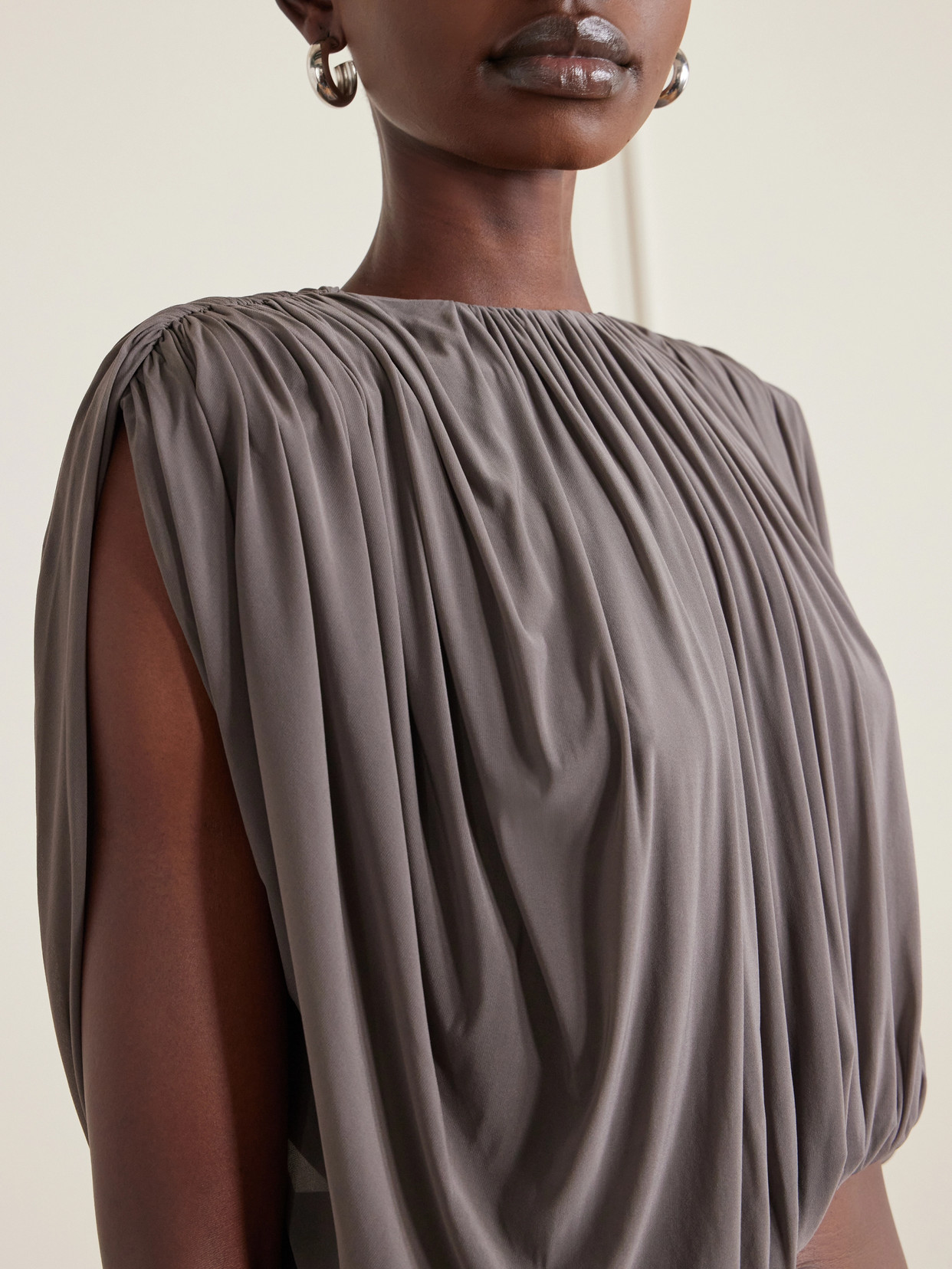 Magda Butrym Cropped Pleated Jersey Blouse In Brown