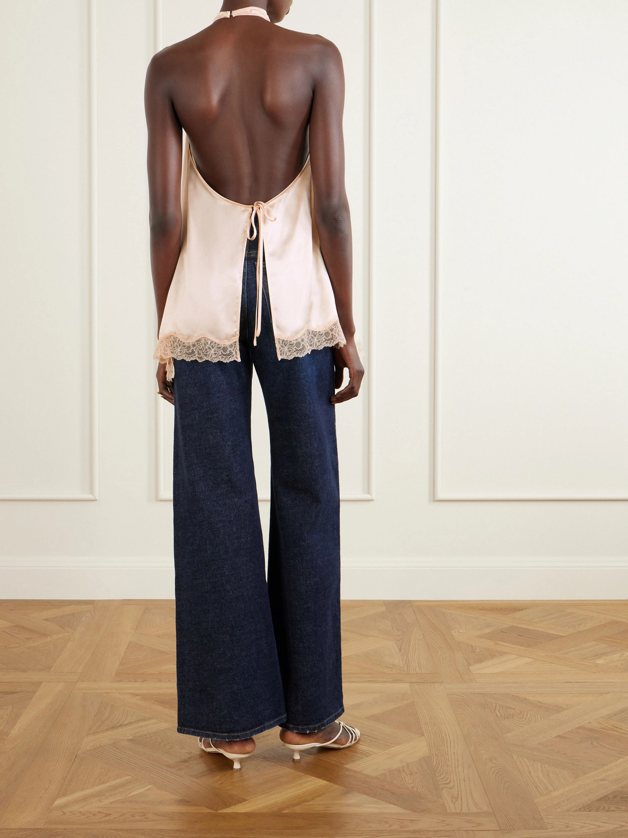 Appliquéd Lace-Trimmed Silk-Satin Halterneck Top