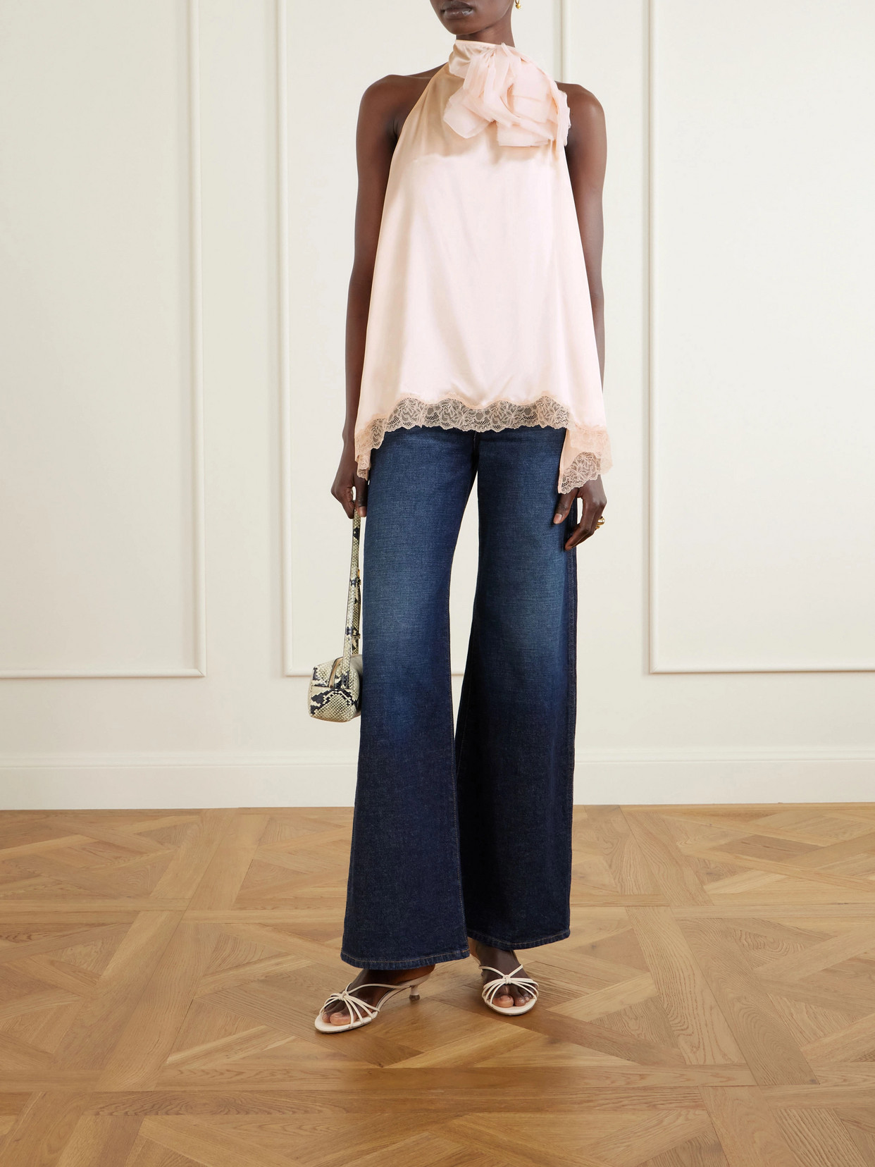 Appliquéd Lace-Trimmed Silk-Satin Halterneck Top