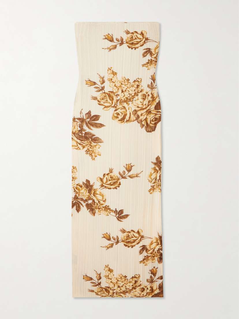 Strapless Floral-print Plissé-crepe Midi Dress