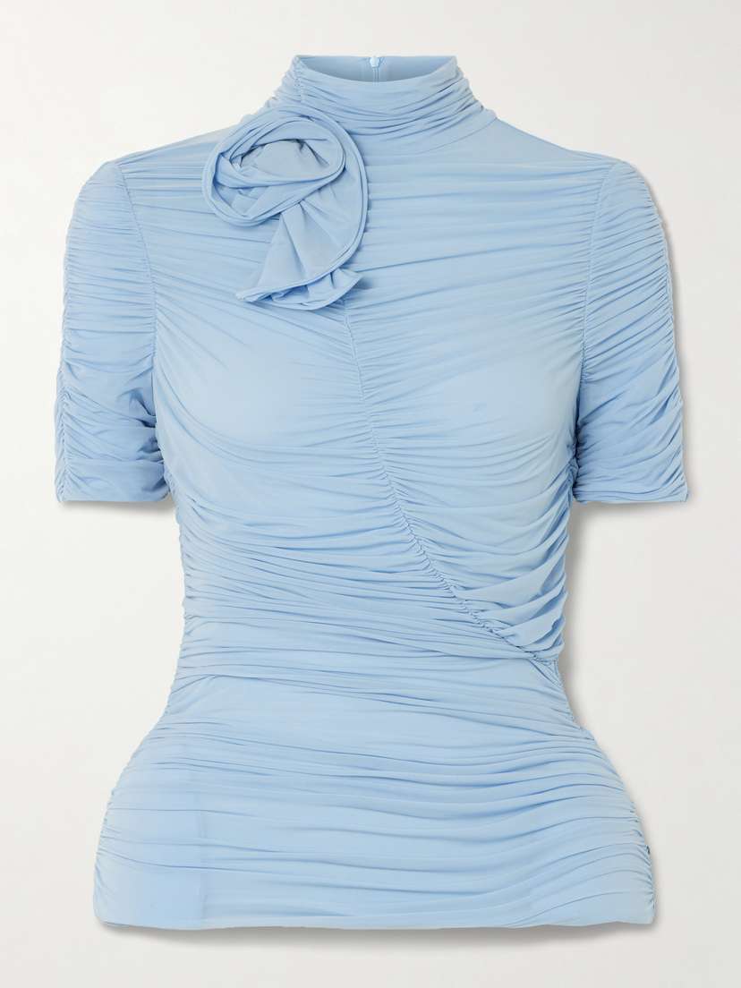 Magda Butrym Ruched Appliquéd Stretch-mesh Peplum Turtleneck Top