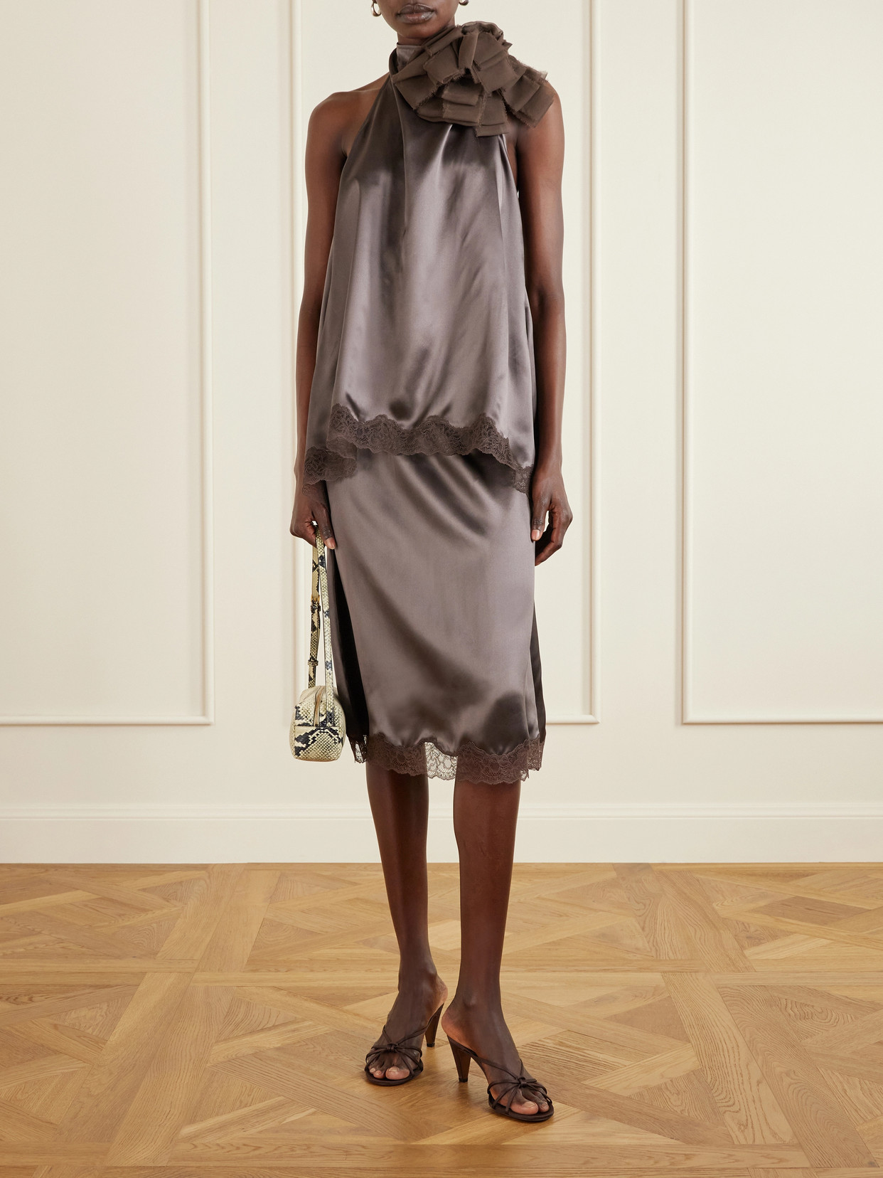 Lace-Trimmed Silk-Satin Midi