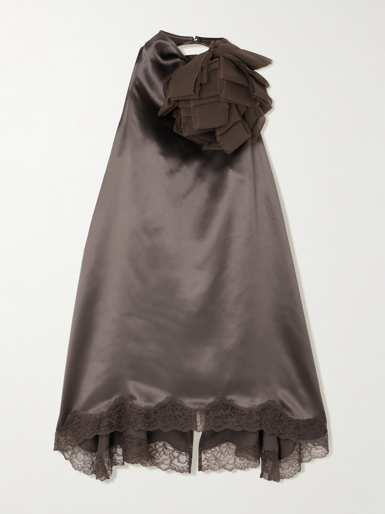 Magda Butrym Appliquéd Scalloped Lace And Chiffon-trimmed Silk-satin Halterneck Blouse In Brown