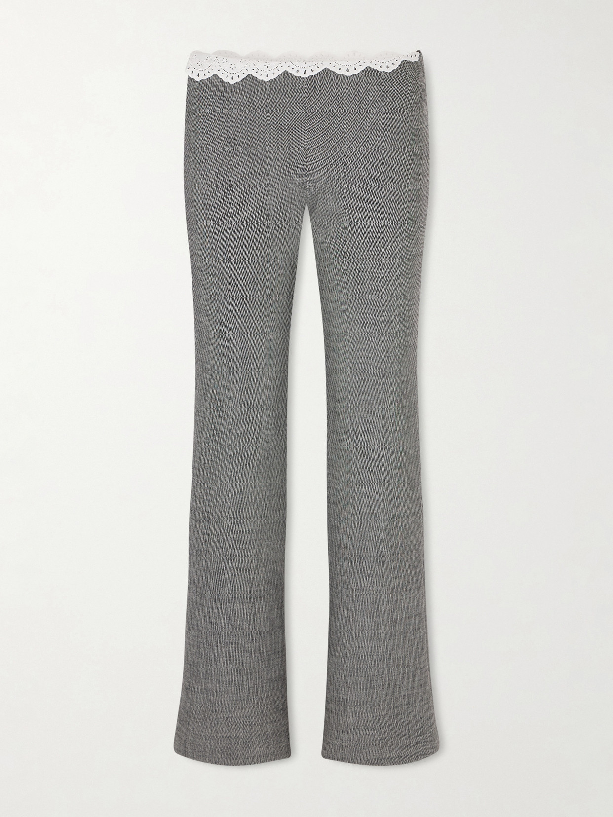 Magda Butrym Broderie Anglaise-trimmed Herringbone Stretch-wool Flared Pants In Gray