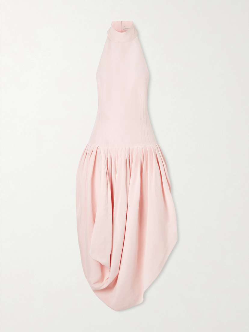 Pleated Draped Silk Halterneck Midi Dress