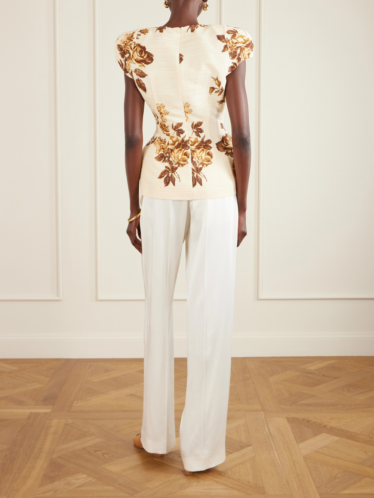 Floral-Print Plissé-Satin Blouse