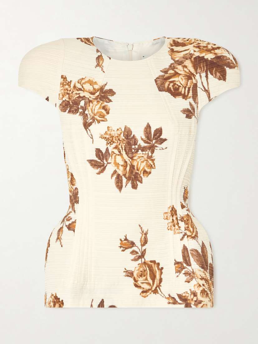 Floral-print Plissé-satin Blouse