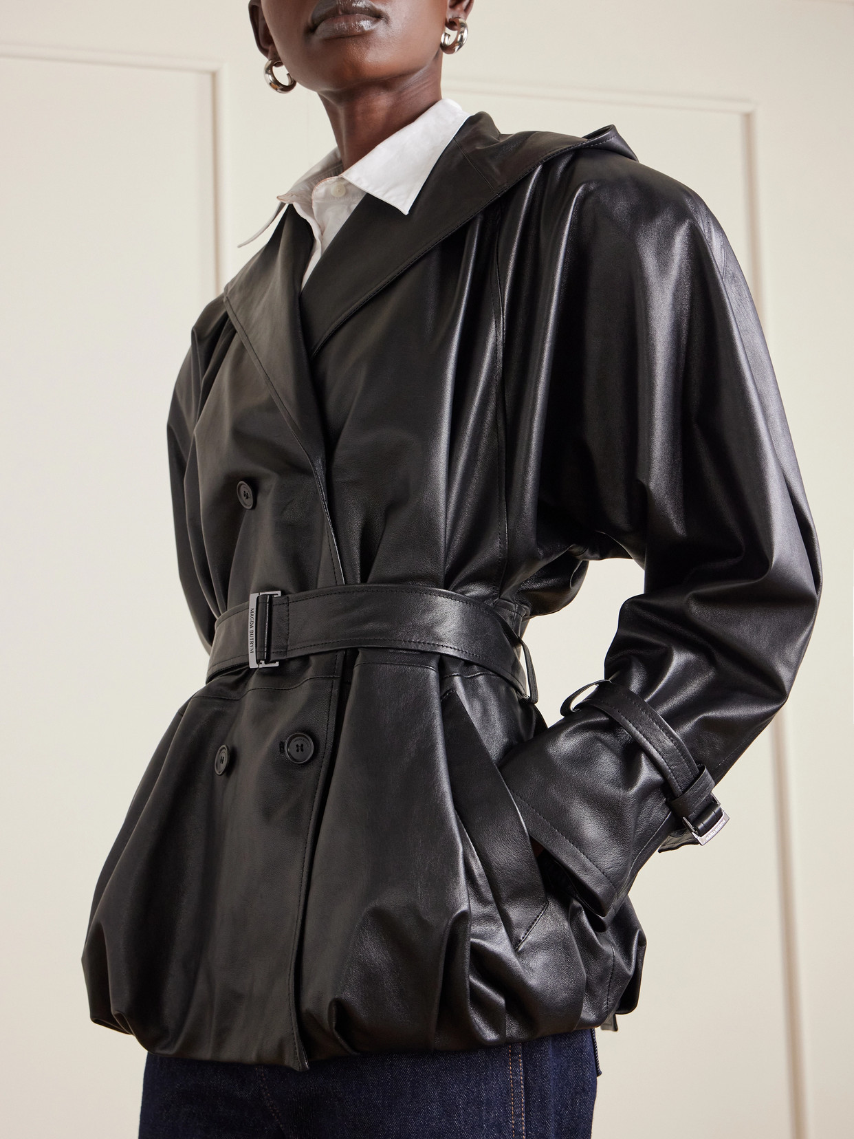 Magda Butrym Double-breasted Belted Hooded Leather Jacket In Black