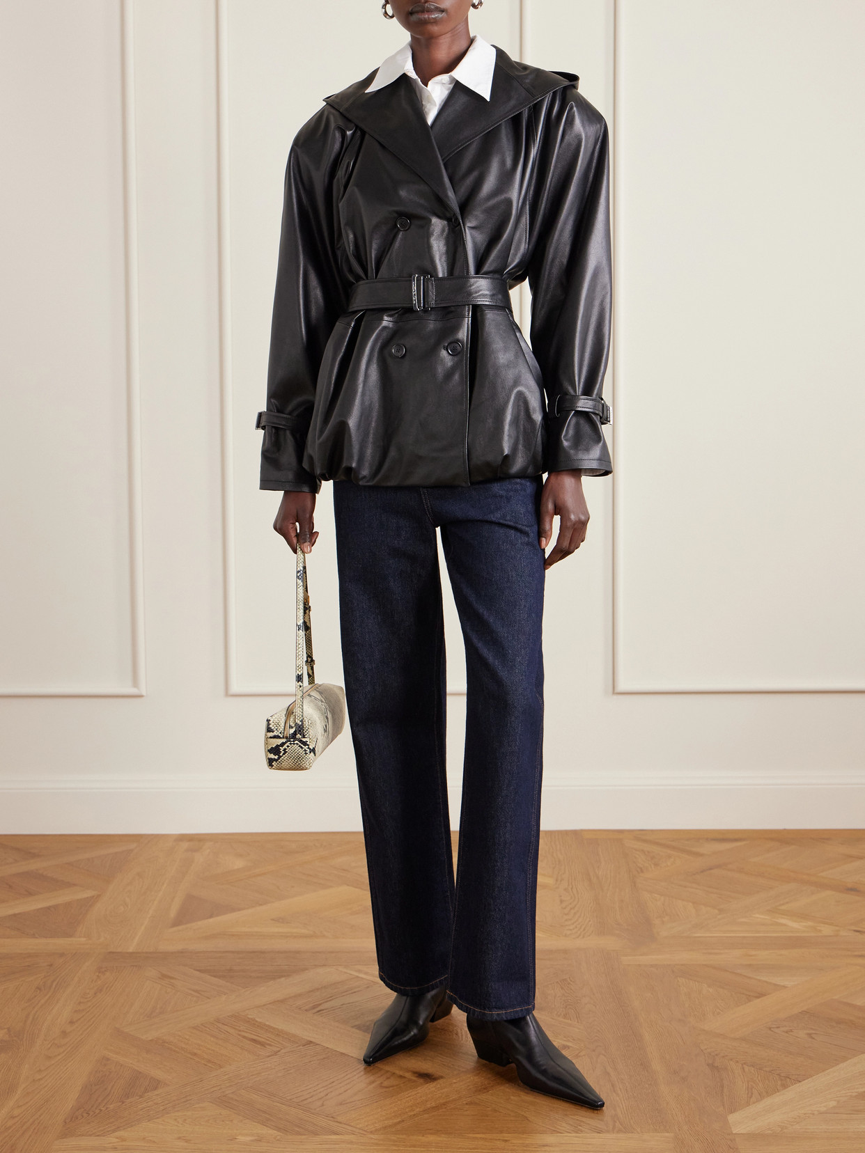 Magda Butrym Double-breasted Belted Hooded Leather Jacket In Black