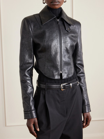 Magda Butrym Cropped paneled glossed textured-leather biker jacket