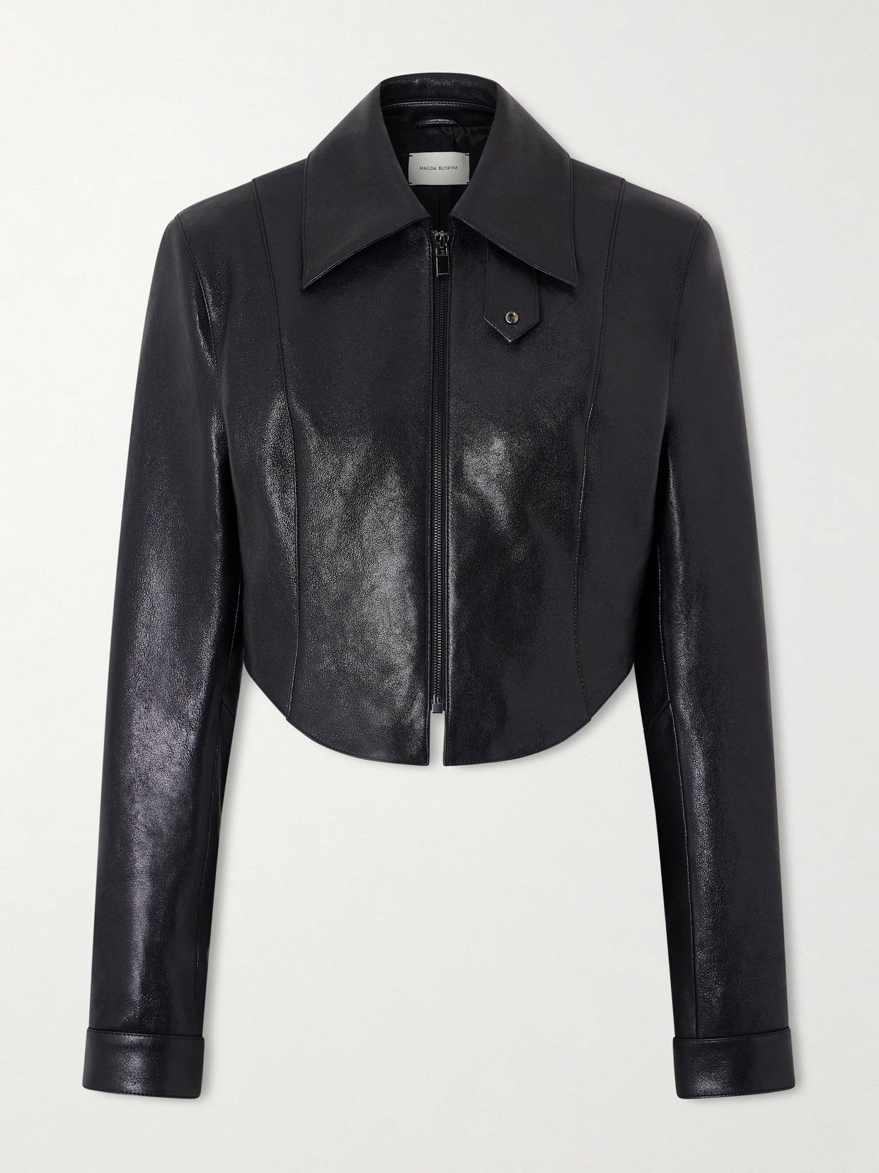 Magda Butrym Cropped Paneled Glossed Textured-leather Biker Jacket In Black
