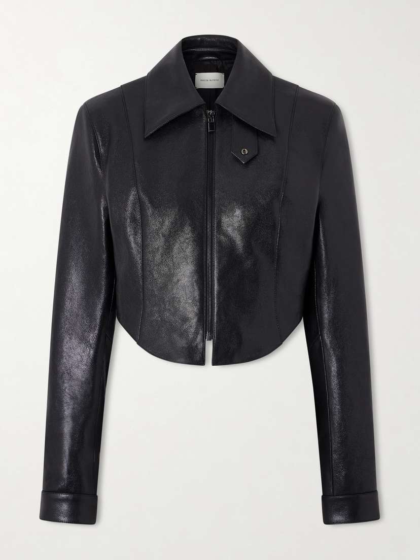 Magda Butrym Cropped Paneled Glossed Textured-leather Biker Jacket