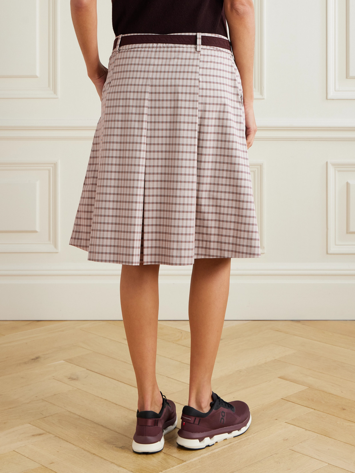 Tory Sport - Belted Pleated Checked Twill Midi