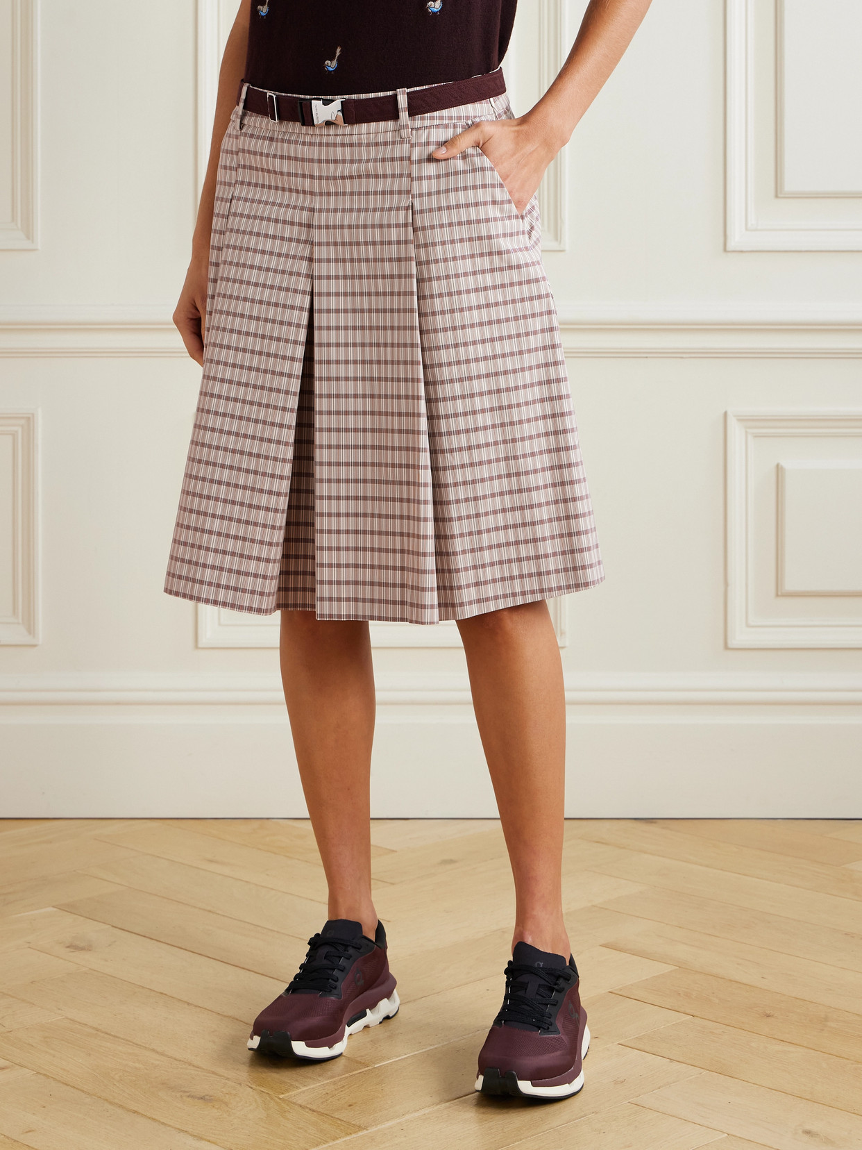 Tory Sport - Belted Pleated Checked Twill Midi